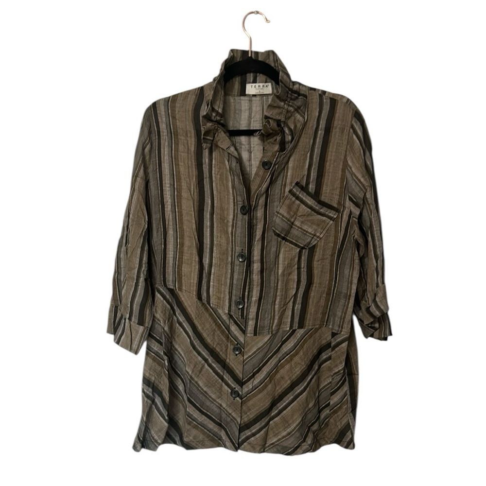 Terra Sj Apparel Womens Striped 3/4 Sleeve Button-Up Tunic Top Large Pocket